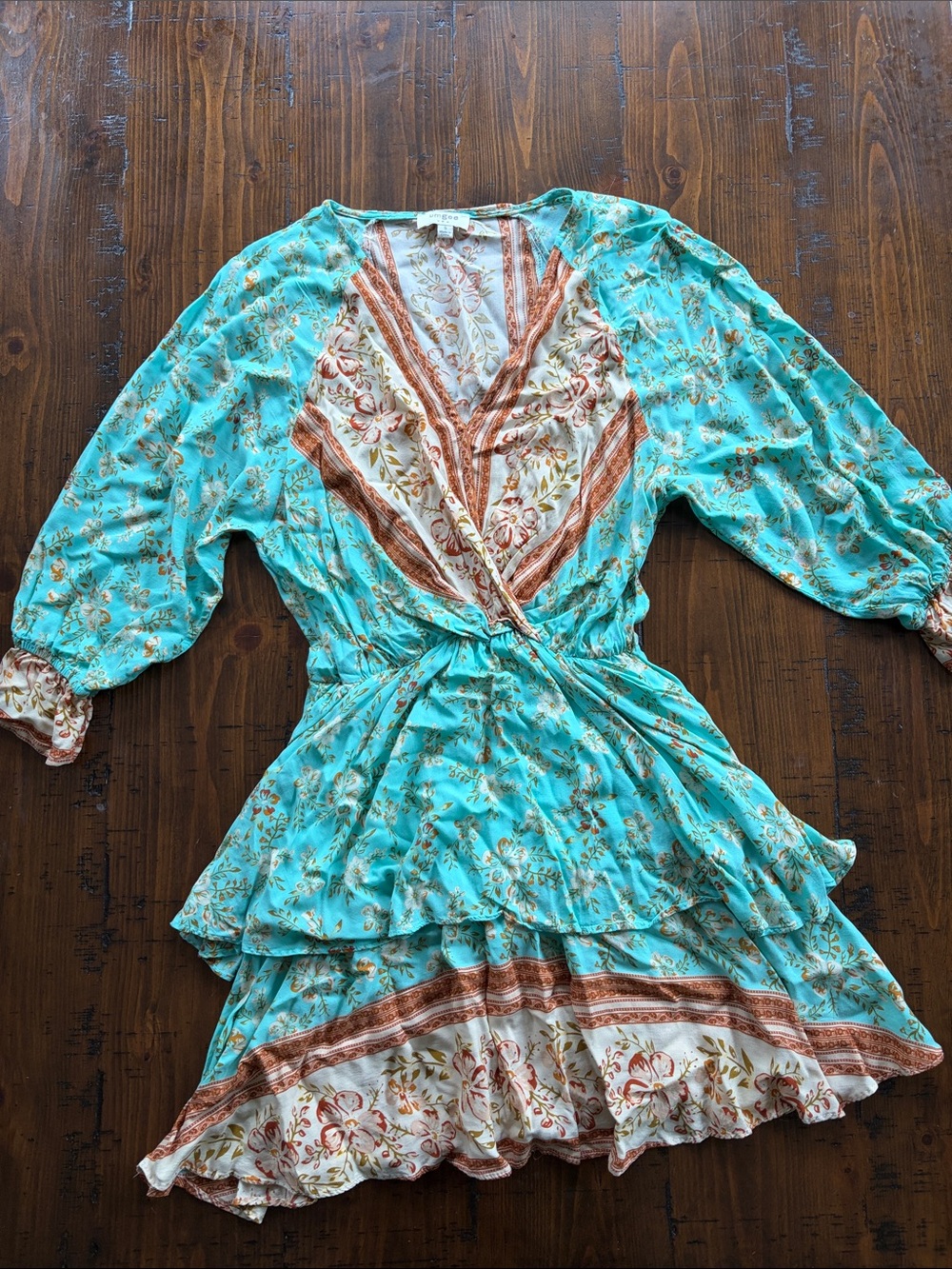 EUC Floral Dress with Teal Trim and Rust Accents